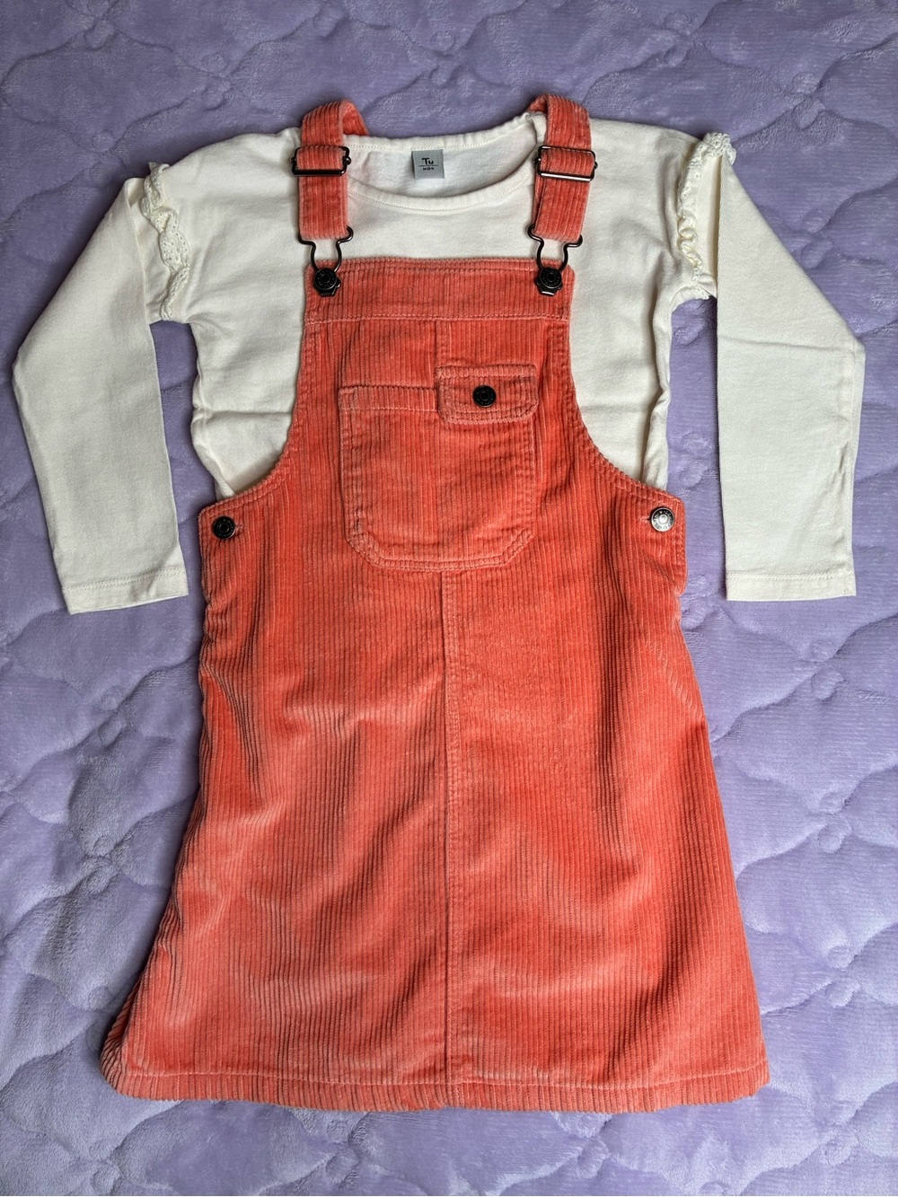 NWOT Tu Kids Size 5 Coral Pink Corduroy Pinafore Overall Jumper Dress Set